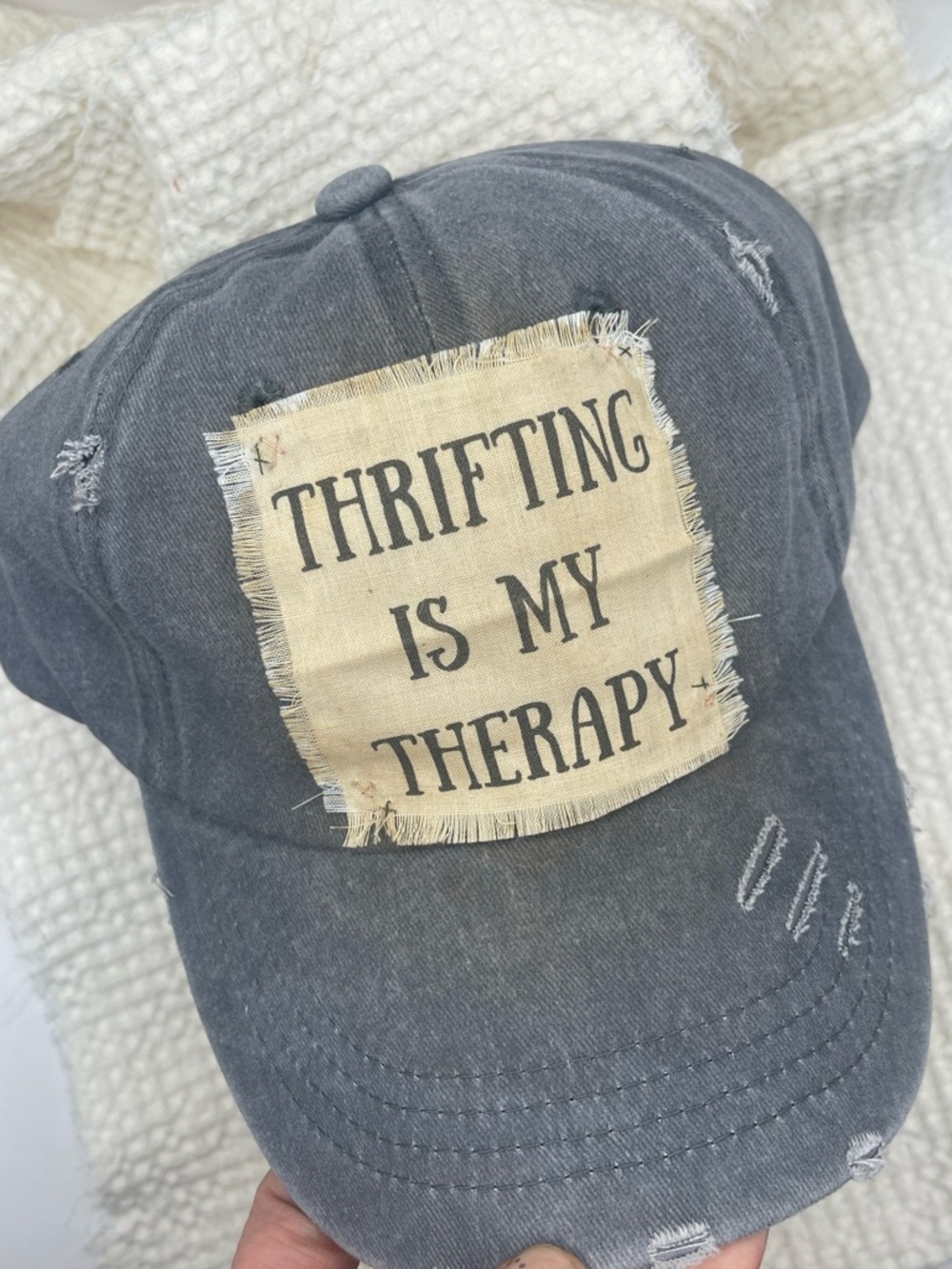 Handmade Distressed Grey Baseball Cap with 'Thrifting Is My Therapy'
